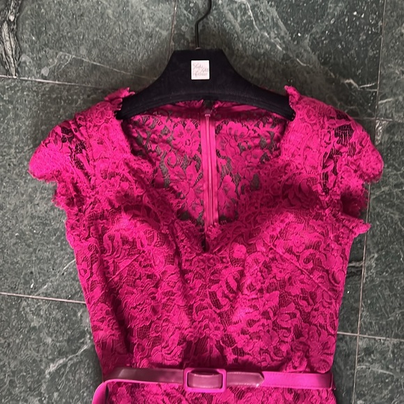 THEIA Raspberry Red Cocktail Lace Dress - Picture 2 of 7